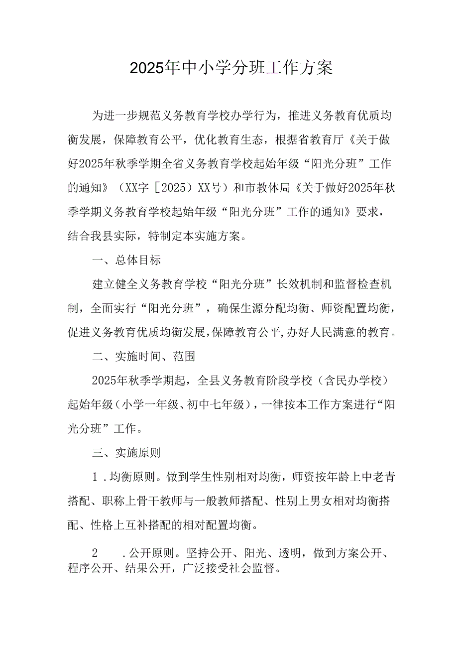 开展2025年《中小学分班》工作实施方案.docx_第1页