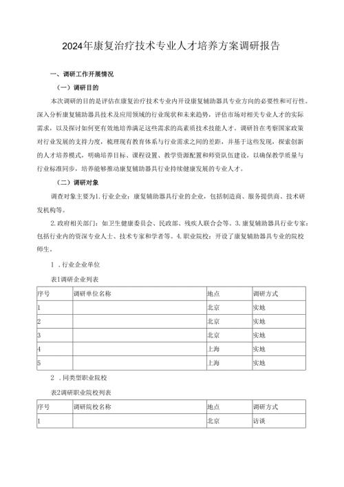 2024年康复治疗技术专业人才培养方案调研报告.docx