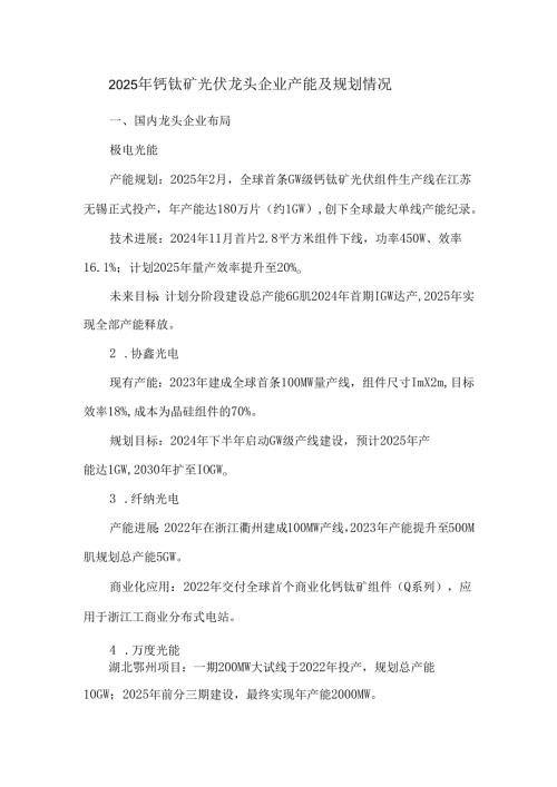 2025年钙钛矿光伏龙头企业产能及规划情况.docx