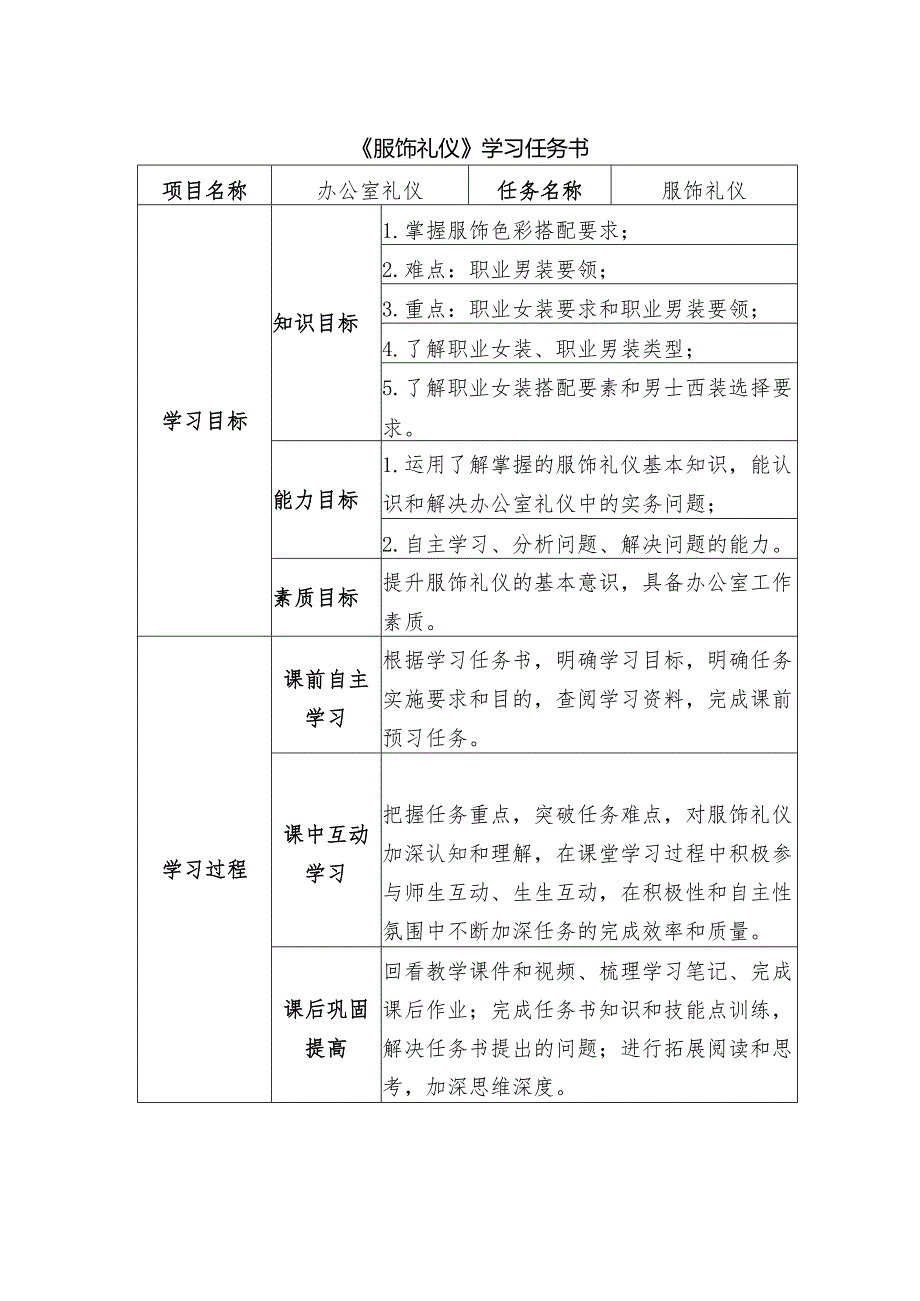 《沟通礼仪办公室礼仪》任务书——服饰礼仪.docx_第1页