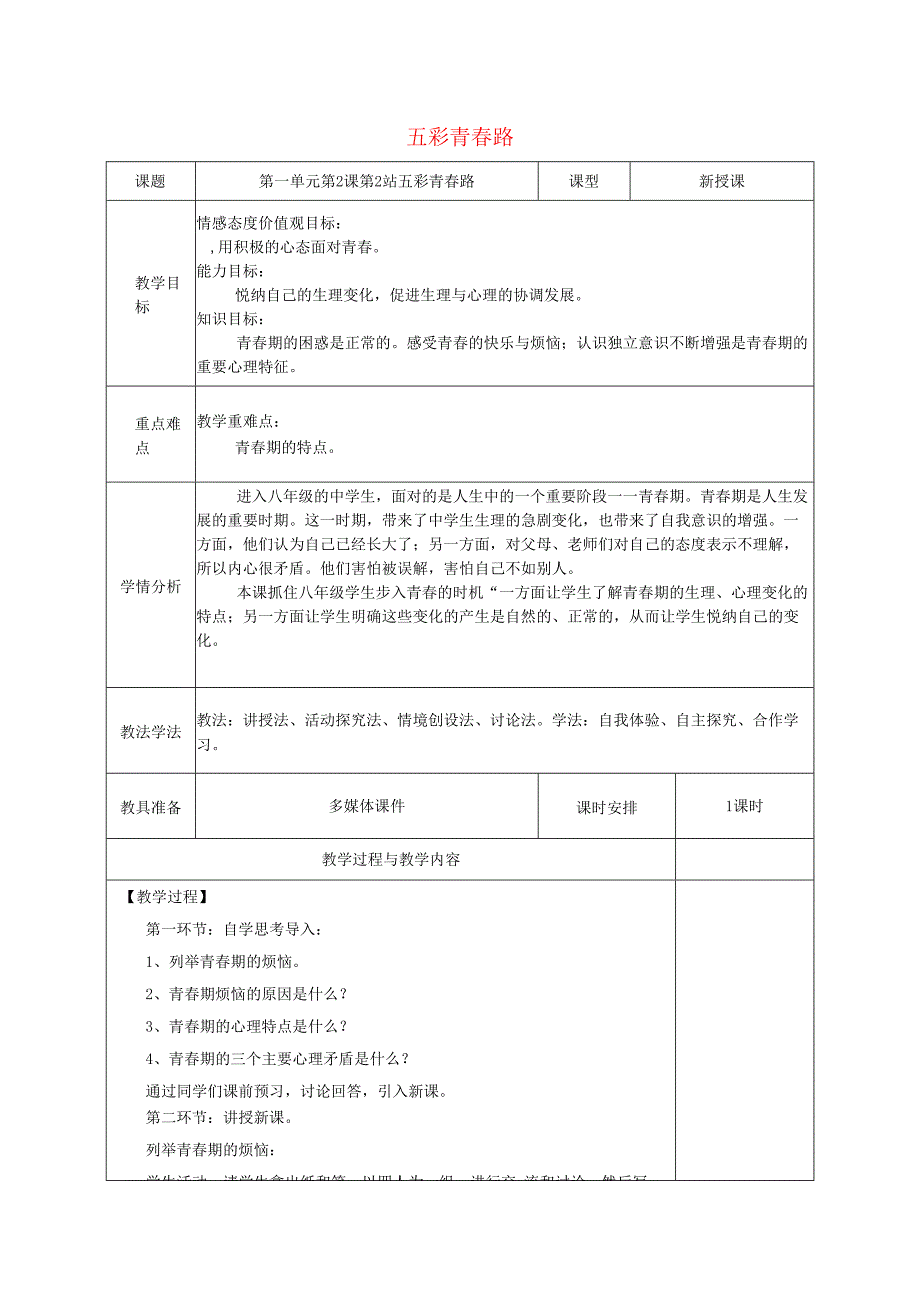 广东省揭阳市八年级道德与法治上册第一单元步入青春年华第2课感受青春律动第2站五彩青春路教案北师大版.docx_第1页