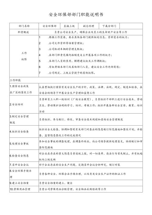 企业安全环保部职能说明书.docx