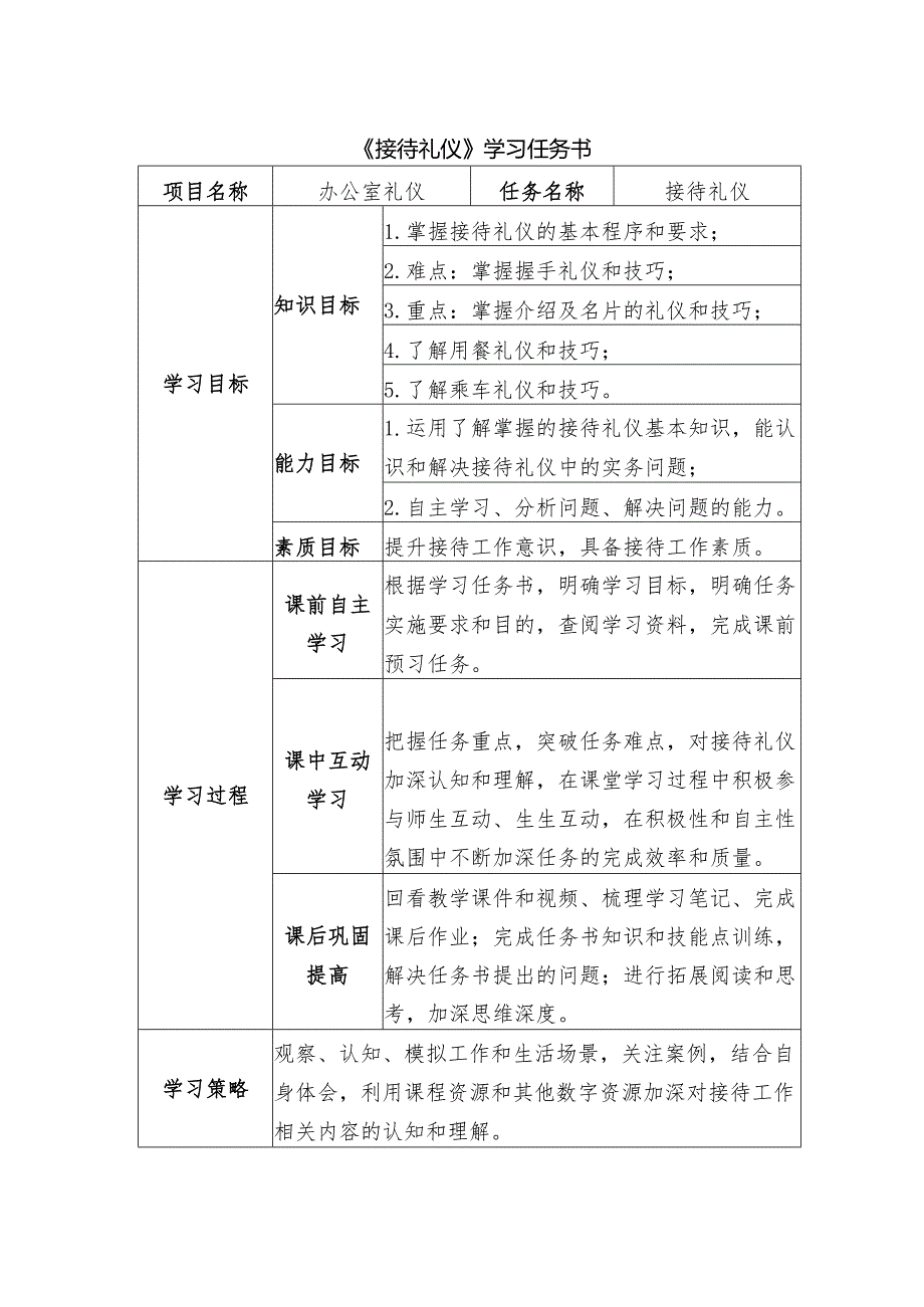 《沟通礼仪办公室礼仪》任务书——接待礼仪.docx_第1页