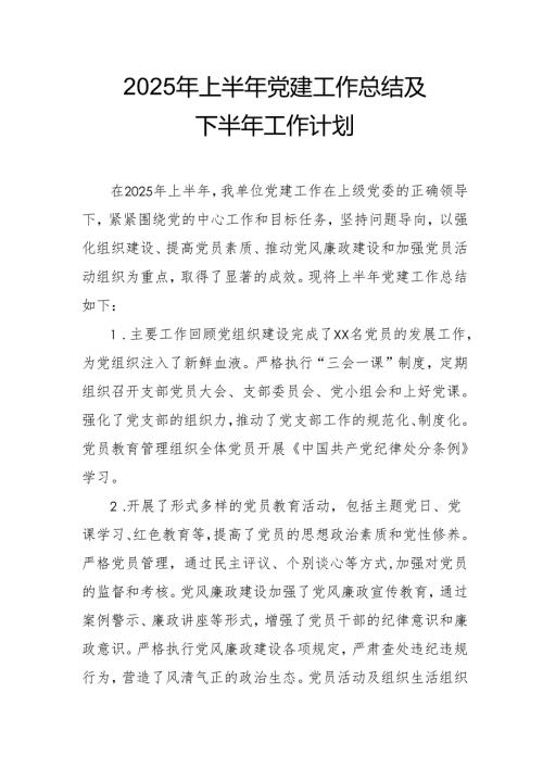 开展2025年上半年党建工作总结及下半年工作计划合计10份.docx