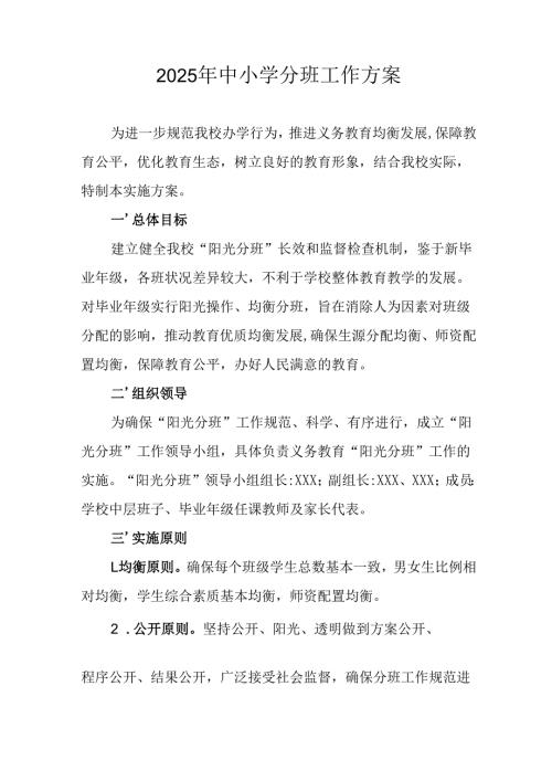 2025年开展中小学分班工作实施方案.docx